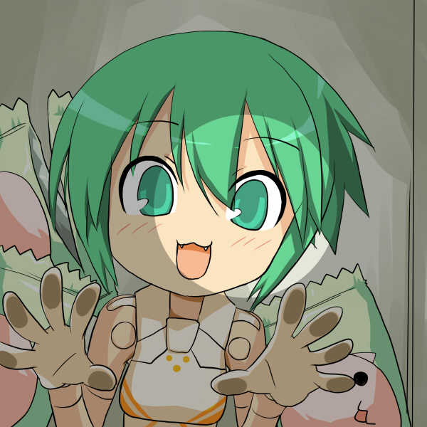 10s 1girl :3 android azuma_doguu blush box busou_shinki candy fang fangs figure green_eyes green_hair maochao o_o shadow toy