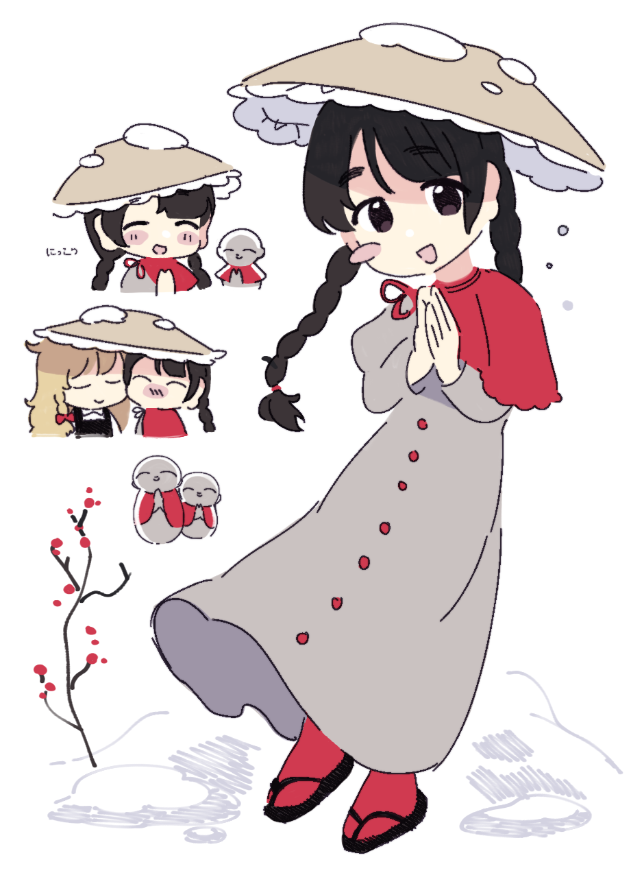 2girls :d ^_^ ajirogasa black_eyes black_hair black_sandals blonde_hair blush blush_stickers bow braid capelet chibi closed_eyes closed_mouth cropped_torso dress facing_viewer frilled_hat frills full_body grey_dress hair_bow hands_up hat head_tilt heads_together highres jizou kirisame_marisa lisa_(faeuna) long_dress long_earlobes long_hair long_sleeves looking_at_viewer multiple_boys multiple_girls no_nose nose_blush open_mouth own_hands_together palms_together parted_lips red_capelet red_socks sandals side-by-side side_braid single_blush_sticker single_braid smile snow snow_on_headwear socks sound_effects standing swept_bangs touhou tree twin_braids u_u white_background yatadera_narumi