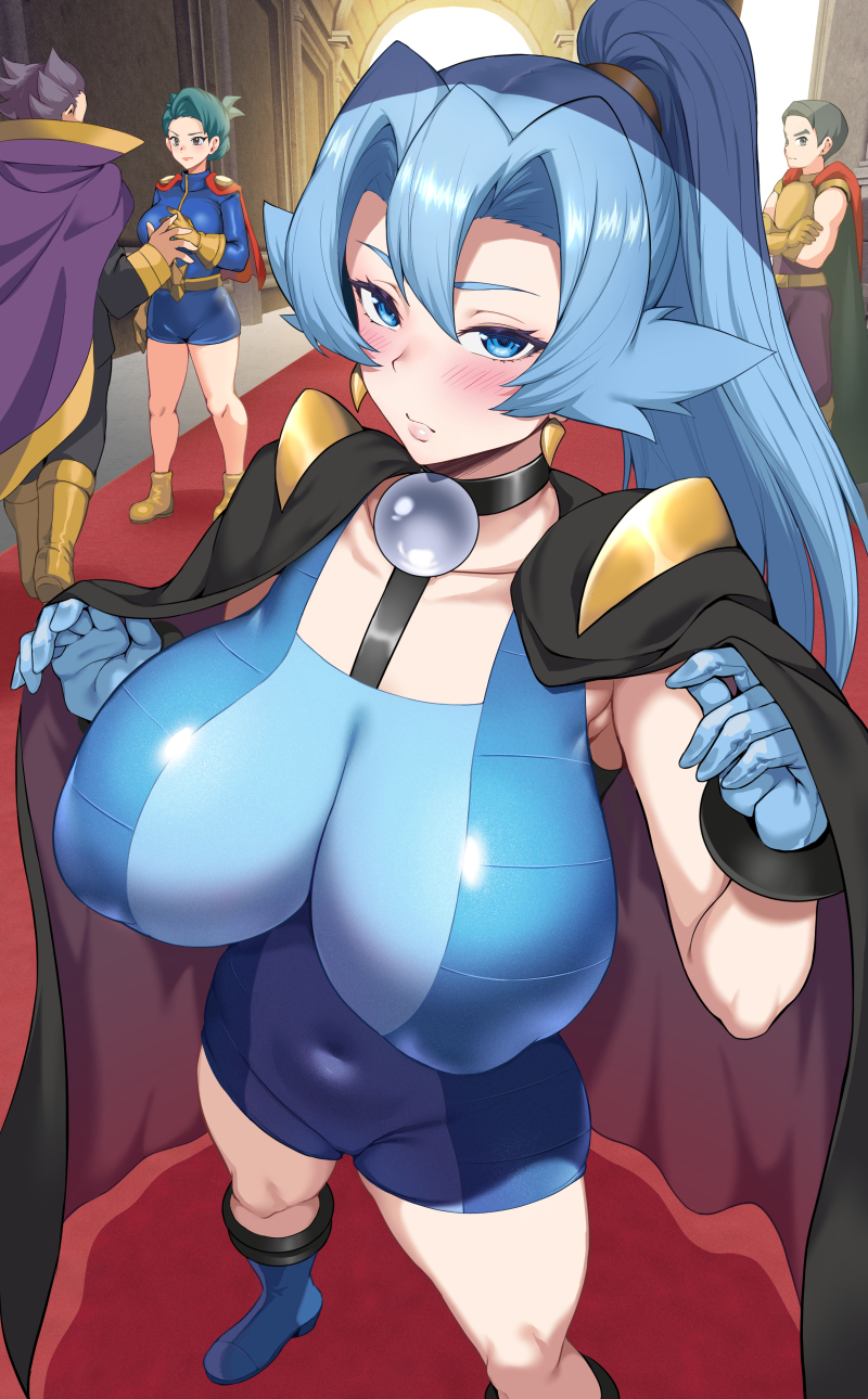 2boys 2girls black_cape blue_bodysuit blue_eyes blue_gloves blue_hair blush bodysuit boots breasts cape choker clair_(pokemon) collarbone covered_navel dragon_tamer_(pokemon) earrings gloves highres jewelry jirusu knee_boots large_breasts long_hair looking_at_viewer multiple_boys multiple_girls nintendo pokemon pokemon_dppt pokemon_hgss pokemon_oras pokemon_sv ponytail solo_focus