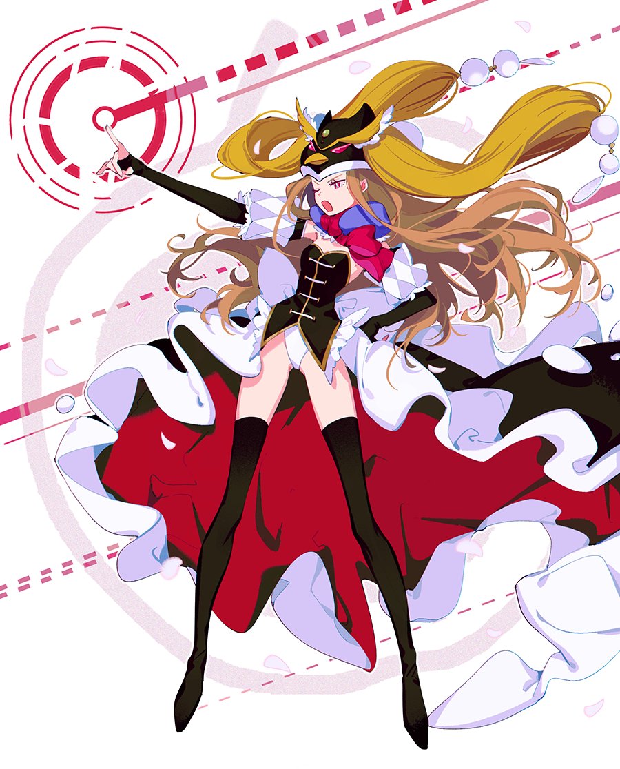 1girl black_thighhighs breasts brown_hair detached_sleeves dress floating_hair full_body hat highleg highleg_leotard leotard leotard_under_clothes long_hair mawaru_penguindrum one_eye_closed open_mouth penguin_hat pink_eyes pointing princess_of_the_crystal small_breasts solo thighhighs ttk211 white_leotard
