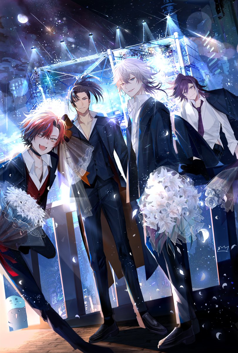 4boys banzoin_hakka bishounen black_hair blue_eyes bouquet choker collarbone collared_shirt crown_(artist) curtained_hair falling_petals flower formal_clothes gavis_bettel grey_hair hair_between_eyes hashtag-only_commentary highres holding holding_bouquet holostars holostars_english holotempus jacket jacket_on_shoulders jewelry josuiji_shinri long_hair looking_at_viewer low_ponytail machina_x_flayon male_focus multicolored_hair multiple_boys necktie open_mouth orange_eyes petals pink_hair ponytail purple_hair purple_necktie red_hair rose shirt short_hair side_part sitting smile stage_lights standing standing_on_one_leg suit virtual_youtuber white_flower white_lily white_rose