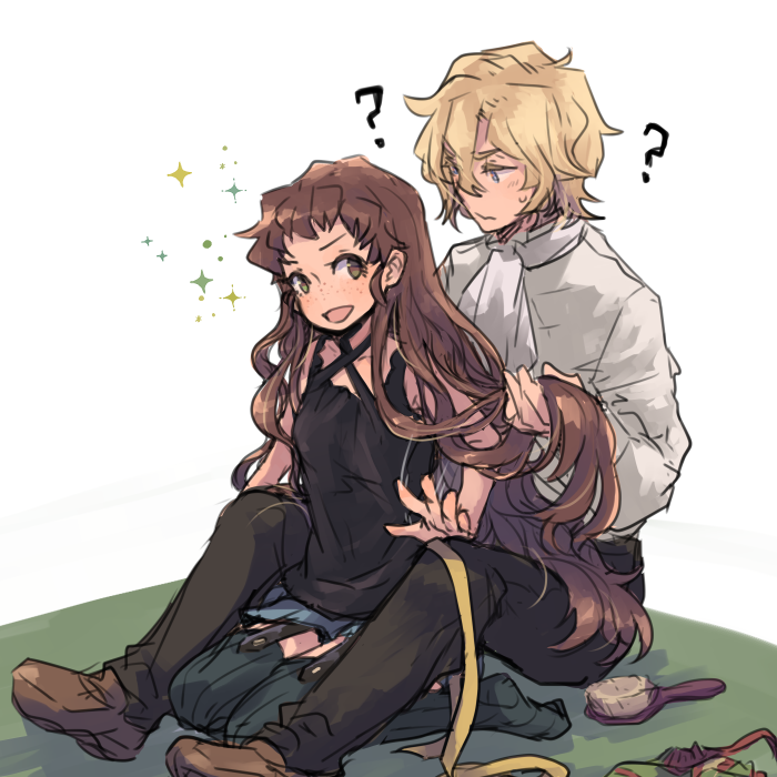1boy 1girl :d ? black_pants black_shirt black_thighhighs blonde_hair blue_eyes blue_skirt brown_eyes brown_hair couple floating_hair freckles garter_straps grey_shirt hair_between_eyes holding_another&#039;s_hair isuzu_(log_horizon) log_horizon long_hair lunderhaus_cord miniskirt mo_(deciliter) open_mouth pants shirt simple_background sitting sketch skirt sleeveless sleeveless_shirt smile sweatdrop thighhighs very_long_hair wariza white_background zettai_ryouiki