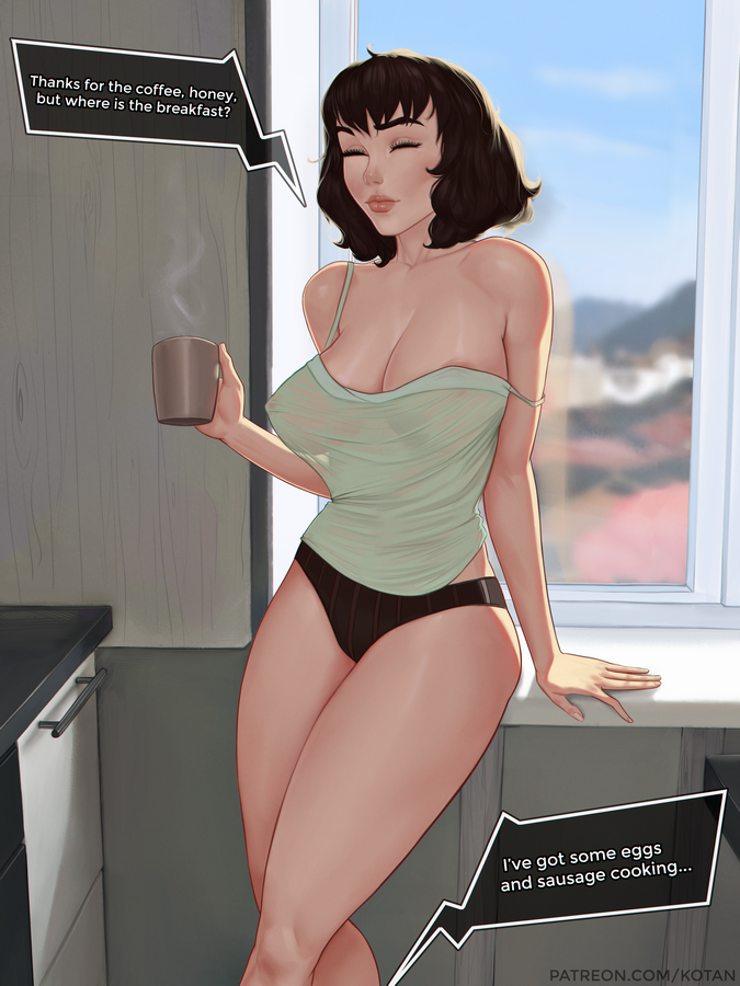 1girl bed breasts brown_eyes brown_hair cleavage coffee coffee_mug collarbone cup english_text kawakami_sadayo kotan kotan_draws large_breasts mug nipples no_bra panties persona persona_5 pillow see-through_clothes strap_slip striped_clothes striped_panties tank_top thick_thighs thighs underwear