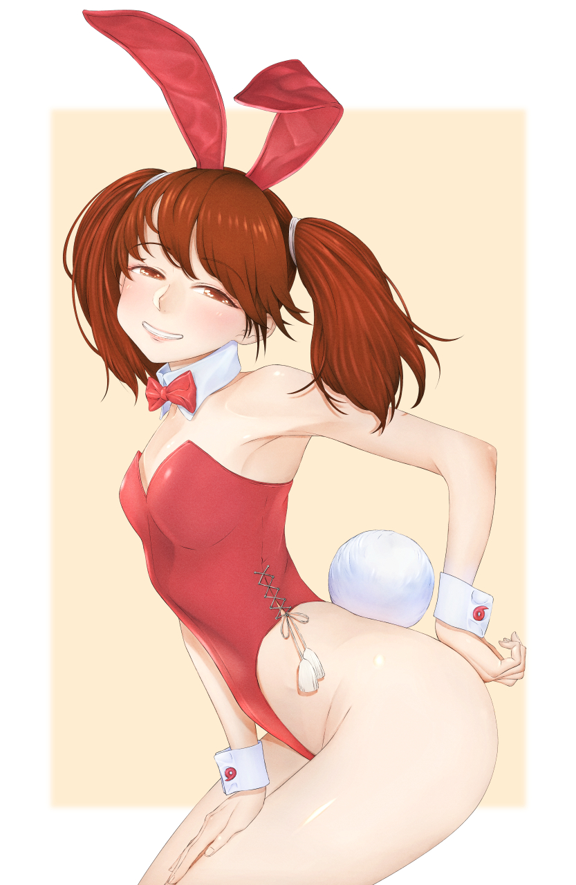 1girl alternate_costume animal_ears black_pantyhose bow bowtie breasts brown_eyes brown_hair detached_collar fake_animal_ears fake_tail highleg highleg_leotard highres kantai_collection leotard magatama pantyhose playboy_bunny rabbit_ears rabbit_tail red_bow red_bowtie red_leotard ryuujou_(kancolle) side-tie_leotard small_breasts solo strapless strapless_leotard tail twintails wrist_cuffs yuichi_(sp_sakura_yoshi)