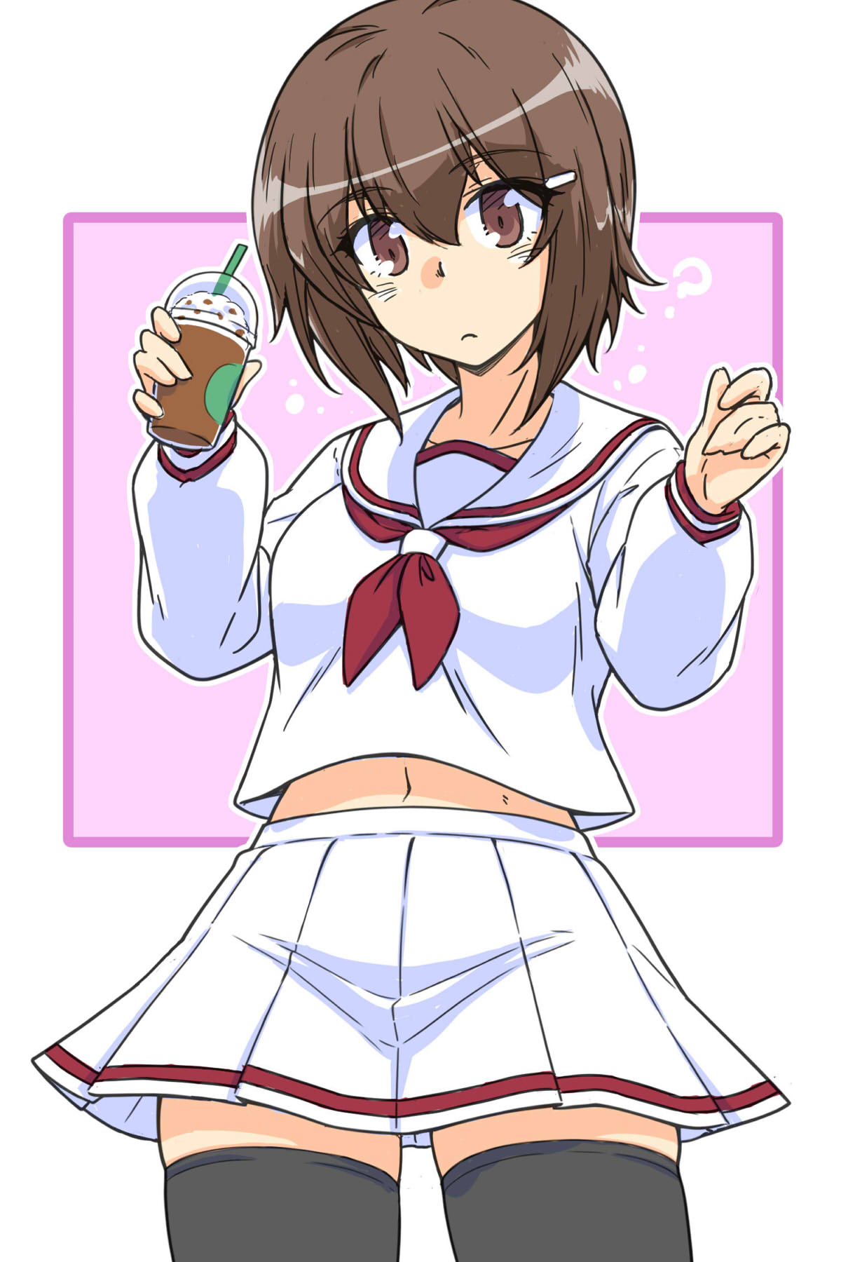 1girl alternate_costume black_thighhighs blush breasts brown_eyes brown_hair collarbone girls_und_panzer highres midriff miniskirt navel nishizumi_maho renshiu school_uniform serafuku short_hair skirt small_breasts solo thighhighs