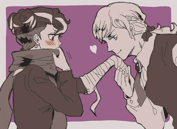 10s 1boy 1girl bad_id bad_pixiv_id bandages blue_eyes bow chuunibyou danganronpa_(series) danganronpa_2:_goodbye_despair genderswap genderswap_(ftm) genderswap_(mtf) hair_bow heart hetero heterochromia jacket kissing_hand monochrome ponytail red_eyes scarf scarf_over_mouth short_hair sonia_nevermind tanaka_gundham tanaka_gundam