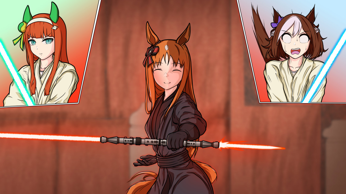 3girls animal_ears aqua_eyes beckoning black_gloves black_robe blue_lightsaber blunt_bangs braid brown_hair closed_eyes collarbone commentary cosplay ctn_sasuke darth_maul darth_maul_(cosplay) double_bladed_lightsaber ear_covers energy_sword false_smile french_braid gloves grass_wonder_(umamusume) green_lightsaber hair_ribbon hairband holding holding_sword holding_weapon horse_ears horse_girl horse_tail jedi lightsaber long_hair multicolored_hair multiple_girls no_pupils obi-wan_kenobi obi-wan_kenobi_(cosplay) orange_hair parody qui-gon_jinn qui-gon_jinn_(cosplay) red_lightsaber ribbon robe sash scene_reference sidelocks silence_suzuka_(umamusume) sith smile special_week_(umamusume) star_wars star_wars:_the_phantom_menace sword tail tail_raised two-tone_hair umamusume weapon white_hair
