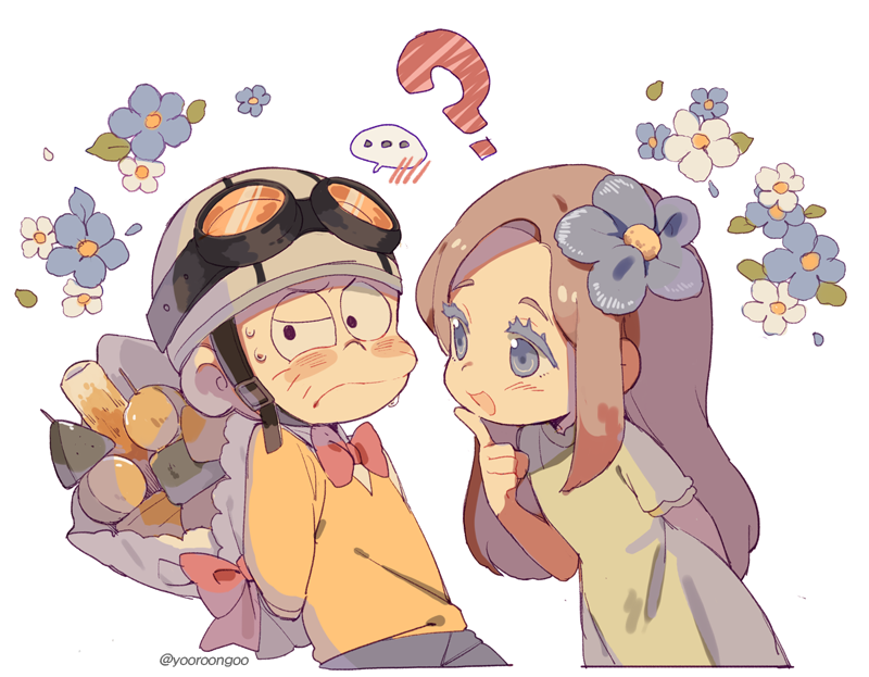 ... 10s 1boy 1girl ? arms_behind_back bad_id bad_twitter_id bald blue_eyes blush_stickers bouquet bow bowtie bronzong chibita flower flower_fairy_(osomatsu-kun) flower_girl_(osomatsu-kun) food gen_4_pokemon goggles goggles_on_headwear hair_flower hair_intakes hair_ornament holding holding_behind_back looking_at_another looking_away nintendo oden osomatsu-kun osomatsu-san osomatsu_(series) petals pokemon pokemon_(creature) simple_background spoken_ellipsis sweatdrop twitter_username white_background yooroongoo