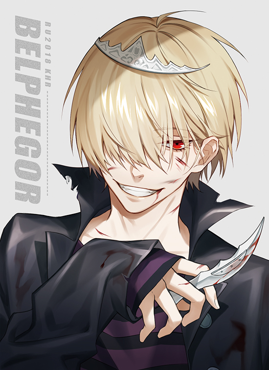 1boy belphegor_(reborn) blonde_hair blood blood_on_clothes blood_on_face bloody_weapon buttons character_name collar crown dagger grey_background hair_over_one_eye holding holding_dagger holding_knife holding_weapon katekyo_hitman_reborn! knife long_sleeves looking_at_viewer male_focus red_eyes ru_(famia) shirt short_hair simple_background smile solo striped_clothes striped_shirt teeth upper_body weapon