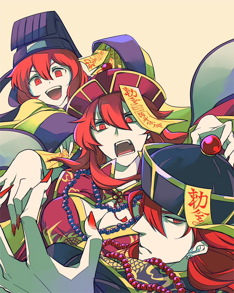 1boy 2girls breasts claw_pose cleavage fingernails fire_emblem fire_emblem:_mystery_of_the_emblem fire_emblem:_shadow_dragon hair_between_eyes hair_over_one_eye halloween halloween_costume hat jewelry jiangshi jiangshi_costume large_breasts long_fingernails long_hair long_sleeves looking_at_viewer maria_(fire_emblem) mikimachi minerva_(fire_emblem) misheil_(fire_emblem) multiple_girls nail_polish necklace nintendo ofuda open_mouth pearl_necklace profile qingdai_guanmao red_eyes red_hair red_nails robe short_hair siblings wide_sleeves
