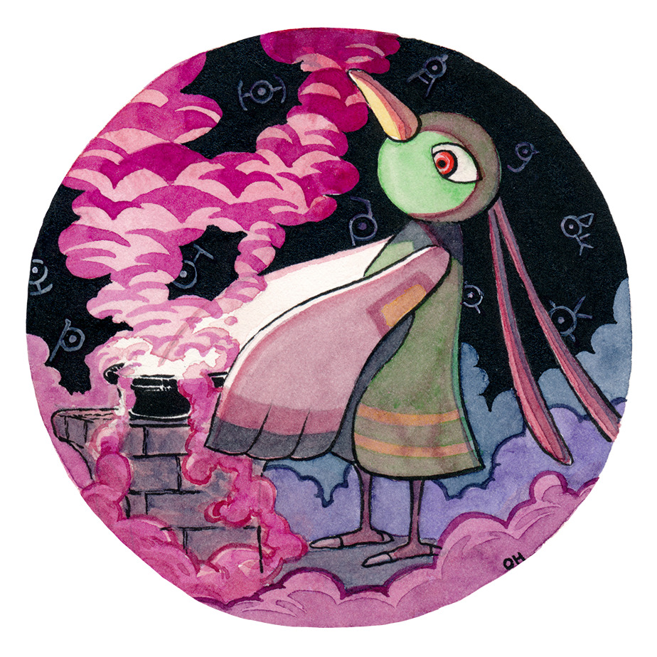 animal_focus bird commentary creature english_commentary full_body gen_2_pokemon glowing nintendo no_humans oliver_hamlin painting_(medium) pokemon pokemon_(creature) pot round_image smoke standing traditional_media unown unown_a unown_f unown_h unown_i unown_k unown_p unown_t unown_z watercolor_(medium) wings xatu