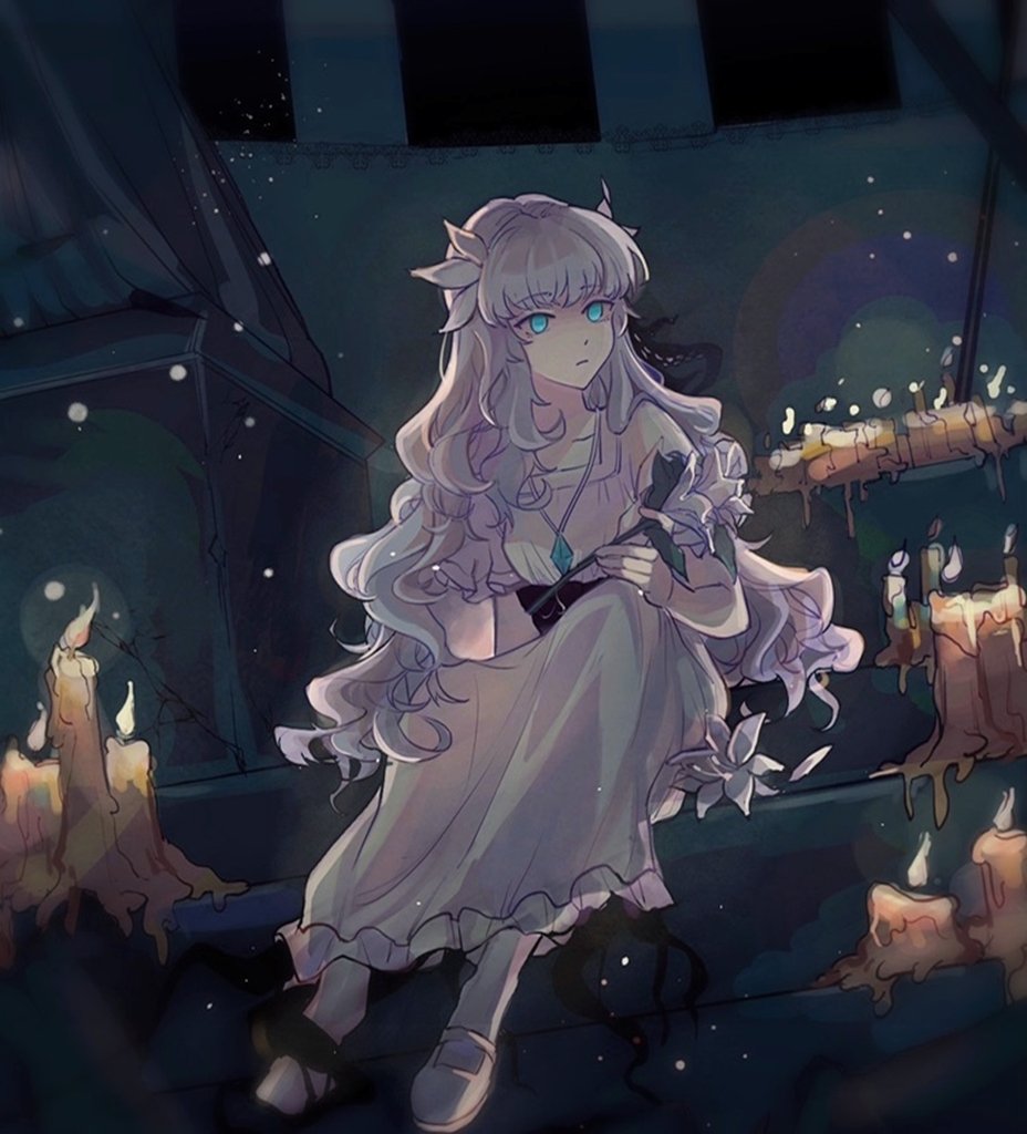 1girl blue_eyes candle candlelight dress ender_lilies_quietus_of_the_knights expressionless flower full_body grey_dress grey_hair hair_ornament jewelry lily_(ender_lilies) lily_(flower) long_hair looking_to_the_side necklace niu_tata pendant sitting solo stairs statue white_flower
