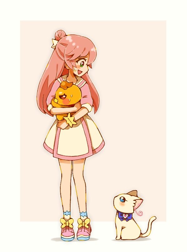 1girl animal bird border cat full_body green_eyes hair_bun hirogaru_sky!_precure holding holding_animal holding_bird in-franchise_crossover long_hair looking_at_another nekoyashiki_yuki nekoyashiki_yuki_(cat) nijigaoka_mashiro pink_hair pink_shirt precure sailor_collar shirt single_hair_bun sitting skirt solo standing three-quarter_sleeves white_cat white_sailor_collar white_skirt wonderful_precure! yuu13 yuunagi_tsubasa yuunagi_tsubasa_(bird)