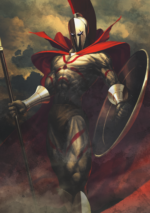 1boy abs arm_tattoo armor boots bracer briefs brown_background brown_male_underwear cape chest_tattoo clenched_hands covered_face fate/grand_order fate_(series) feet_out_of_frame gold_armor helmet holding holding_polearm holding_shield holding_weapon leg_tattoo leonidas_(fate) male_focus male_underwear official_art pectorals polearm red_cape shield shima_udon smoke solo spear standing tattoo third-party_source toned toned_male topless_male underwear veins weapon