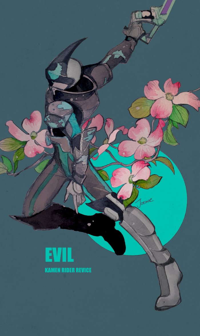 1boy aqua_background armor bat_(animal) bat_genome character_name cowl english_text evilblade flower full_body gauntlets gloves glowing glowing_eyes helmet holding holding_weapon jo_mawe kamen_rider kamen_rider_evil kamen_rider_revice male_focus painting_(medium) pink_flower reiwa simple_background solo stylistic traditional_media twisted_torso watercolor_(medium) weapon zipper