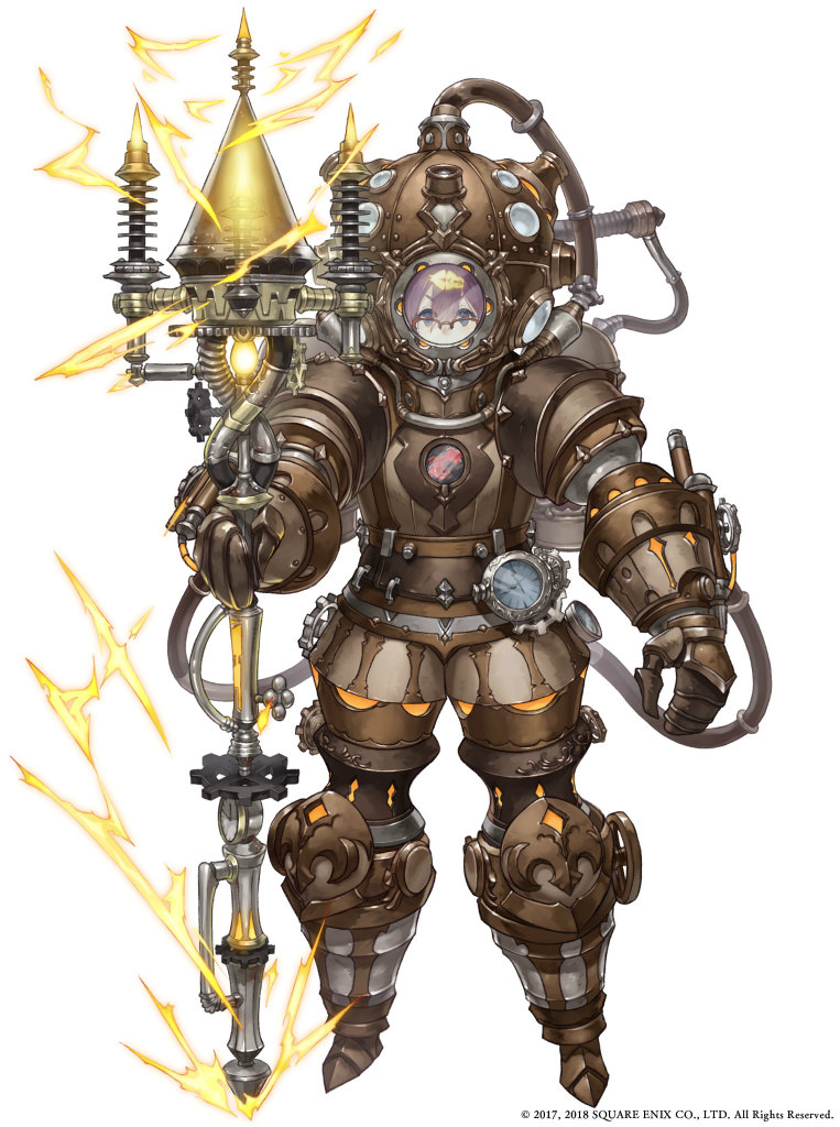 1girl armor blue_eyes dorothy_(sinoalice) electricity female_focus full_body gauge glasses jino official_art power_armor purple_hair sinoalice solo staff tube white_background