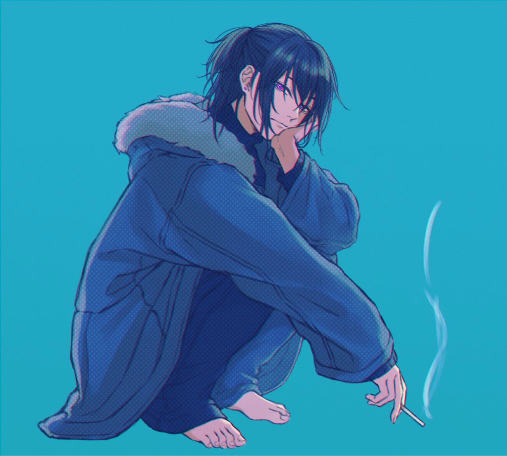 1boy aqua_background barefoot black_hair black_pants blue_jacket cigarette closed_mouth commentary_request earrings from_side full_body fur-trimmed_hood fur_trim hair_between_eyes half_updo hand_on_own_face holding holding_cigarette hood hooded_jacket jacket jewelry looking_at_viewer male_focus medium_hair moxamog original pants ponytail purple_eyes simple_background smoke solo squatting stud_earrings toes