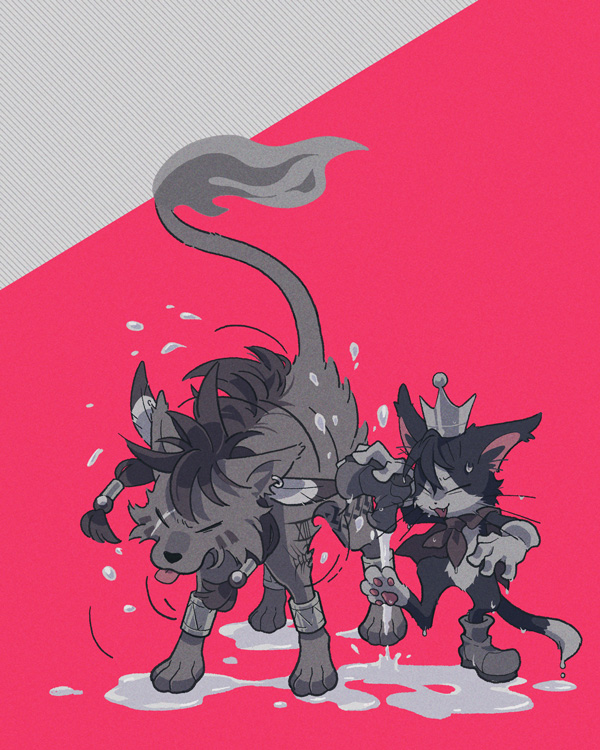 animal_earrings animal_ears bangle boots bracelet cait_sith_(final_fantasy) cape cat closed_eyes coffinsmokes crown feather_hair_ornament feathers final_fantasy final_fantasy_vii final_fantasy_vii_rebirth final_fantasy_vii_remake flame-tipped_tail full_body gloves hair_between_eyes hair_ornament holding_shoe jewelry mini_crown no_humans pink_background red_xiii scar scar_across_eye scar_on_face shaking shoes sidelocks tongue two-tone_fur unworn_shoes water_drop wet white_gloves