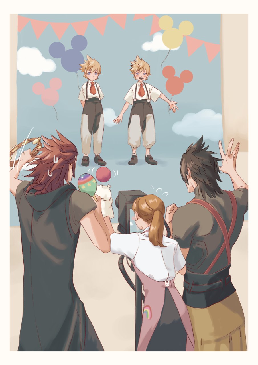 1girl 4boys alternate_costume apron axel_(kingdom_hearts) blonde_hair brown_hair camera chest_strap disney flying_sweatdrops hand_puppet highres holding holding_instrument holding_maracas holding_tambourine instrument kingdom_hearts maracas mickey_mouse moogle mukashino multiple_boys necktie open_mouth puppet red_hair roxas shirt short_hair smile standing taking_picture terra_(kingdom_hearts) ventus_(kingdom_hearts) waving
