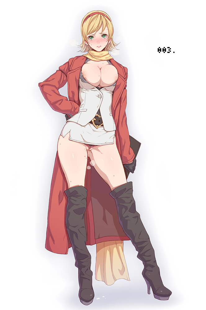 009_re:cyborg 10s 1girl belt blonde_hair boots breasts cleavage cyborg_009 female_focus francoise_arnoul gloves green_eyes hand_on_own_hip high_heels jacket jpeg_artifacts large_breasts nipple_slip nipples pussy pussy_juice scarf shoes short_hair solo sweat thigh_boots thighhighs thighs xxzero