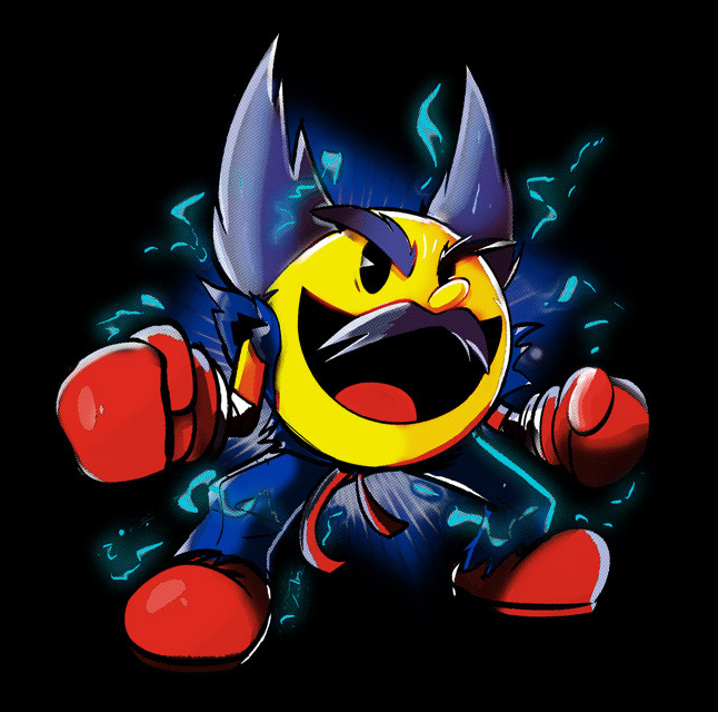 1boy black_background black_hair crossover facial_hair gloves japanese_clothes kevin_fagaragan male_focus mishima_heihachi mustache nintendo pac-man pac-man_(game) short_hair smile solo spiked_hair super_smash_bros. tekken video_game
