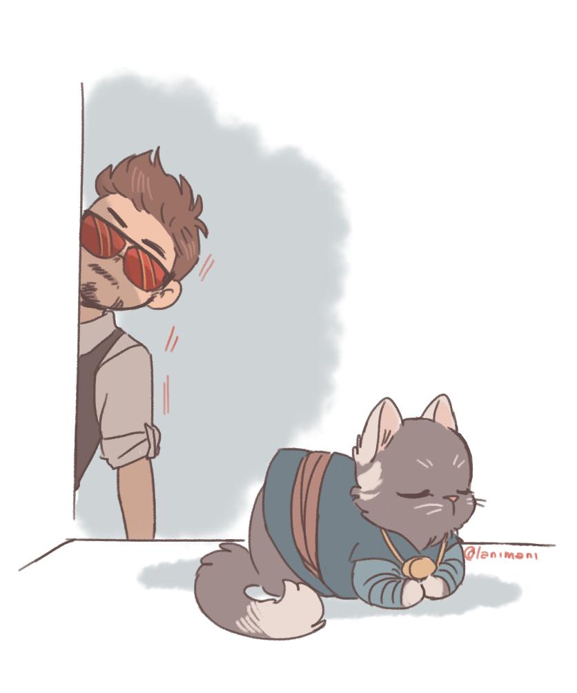 1boy animal animal_ears animal_focus animal_nose animalization artist_name belt black-framed_eyewear black_cat black_fur black_vest blue_shirt brown_hair cat cat_ears cat_tail collared_shirt doctor_strange facial_hair gold_necklace jewelry lanimani long_sleeves looking_at_another marvel marvel_cinematic_universe necklace no_mouth red-tinted_eyewear red_belt shadow shirt short_hair simple_background sleeves_rolled_up standing sunglasses tail tinted_eyewear tony_stark vest white_background white_shirt