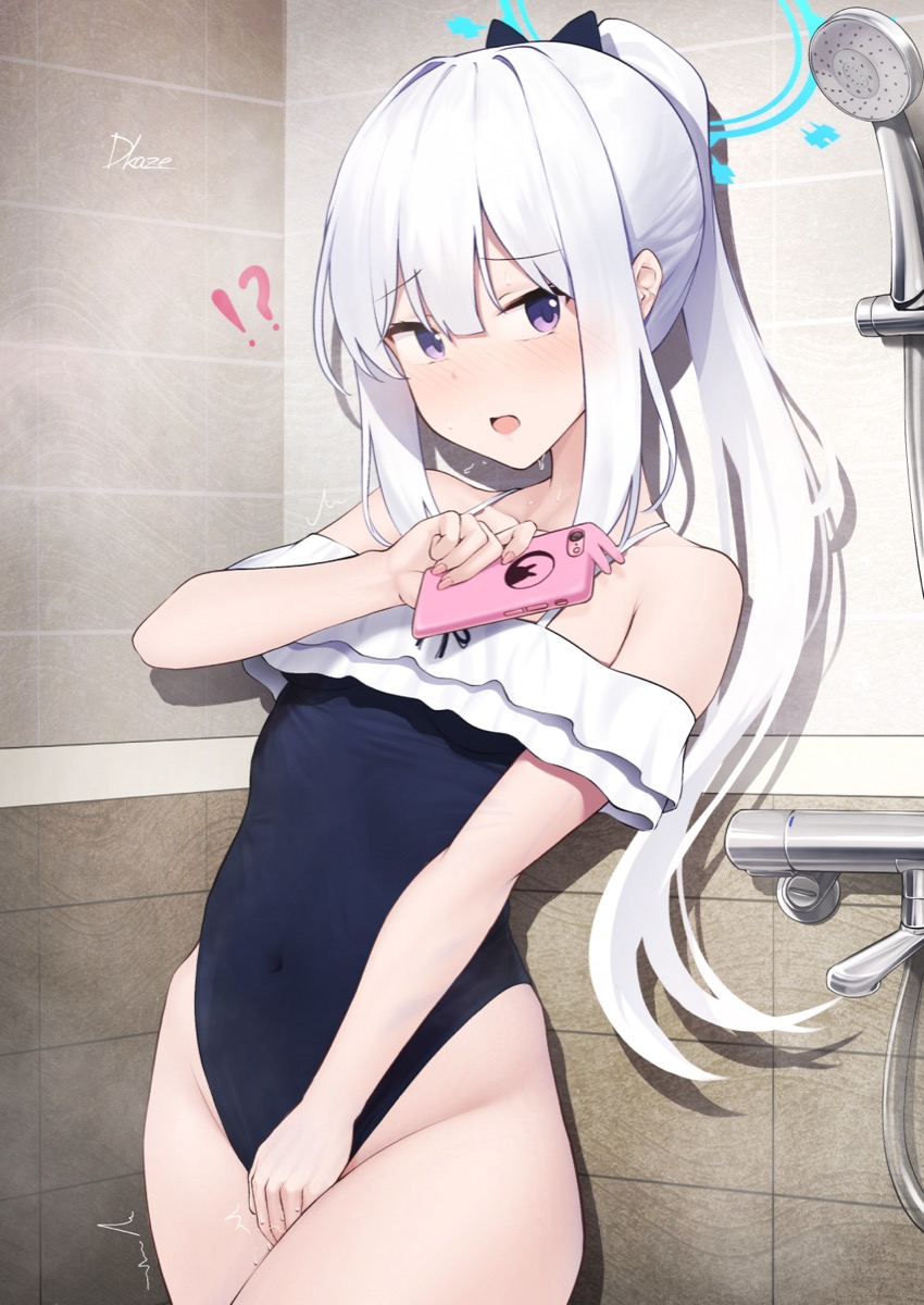 1girl bare_shoulders blue_archive blue_halo bow breasts clothed_masturbation collarbone covered_navel driftkingtw female_masturbation fingering fingering_through_clothes frilled_one-piece_swimsuit frills hair_bow halo highleg highleg_one-piece_swimsuit highres holding holding_phone long_hair looking_at_viewer masturbation masturbation_through_clothes miyako_(blue_archive) miyako_(swimsuit)_(blue_archive) off-shoulder_one-piece_swimsuit off_shoulder official_alternate_costume official_alternate_hairstyle one-piece_swimsuit phone ponytail purple_eyes pussy_juice shower_(place) shower_head small_breasts solo swimsuit through_clothes white_hair