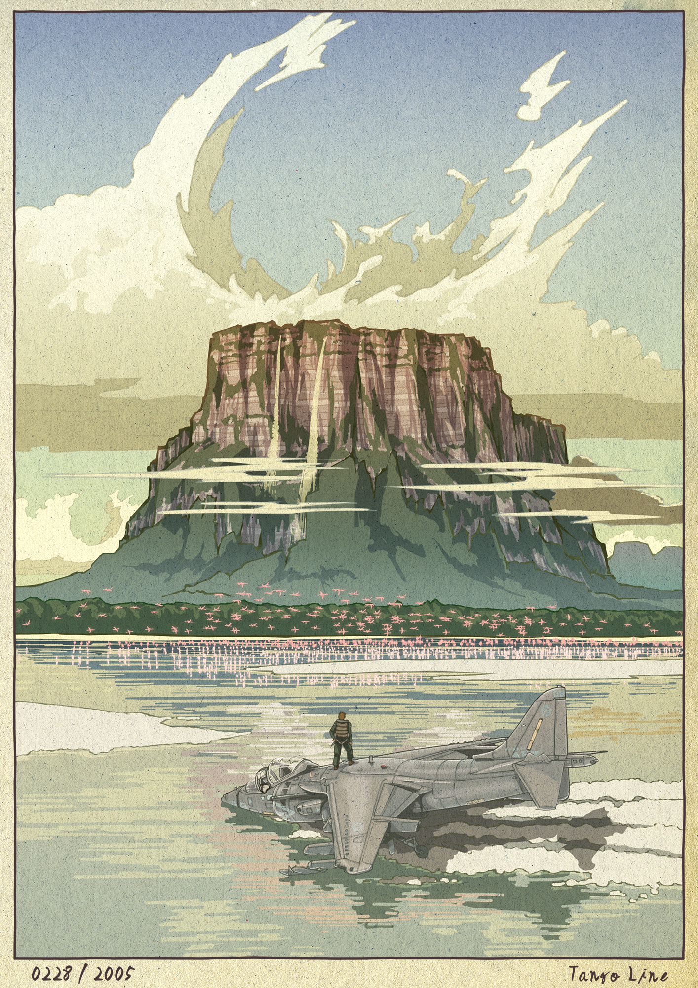 1boy ace_combat ace_combat_04 aircraft airplane border cloud commentary_request day english_text fighter_jet fine_art_parody hawker_harrier highres military_vehicle mountain nihonga outdoors parody scenery standing ukiyo-e water yuukou