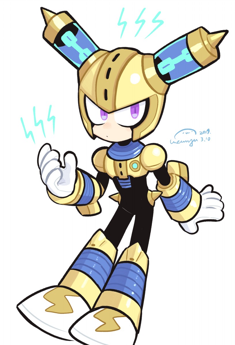 1boy android armor black_bodysuit bodysuit bolt_(hardware) breastplate chibi commentary_request full_body fuse fuse_man gloves hand_up helmet highres joints male_focus mega_man_(classic) mega_man_(series) mega_man_11 purple_eyes robot robot_joints shoulder_armor simple_background sitting solo solo_focus standing vambraces wenyu white_background yellow_armor yellow_headwear