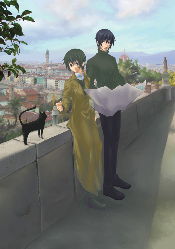 1boy 1girl androgynous black_cat black_eyes black_footwear black_hair black_pants blue_sky brown_coat building cat city closed_mouth cloud coat commentary_request day full_body green_eyes green_hair green_sweater holding holding_map kino_(kino_no_tabi) kino_no_tabi konomu0522 looking_at_animal looking_to_the_side map outdoors pants shirt shizu_(kino_no_tabi) shoes short_hair sky standing statue sweater tree white_shirt