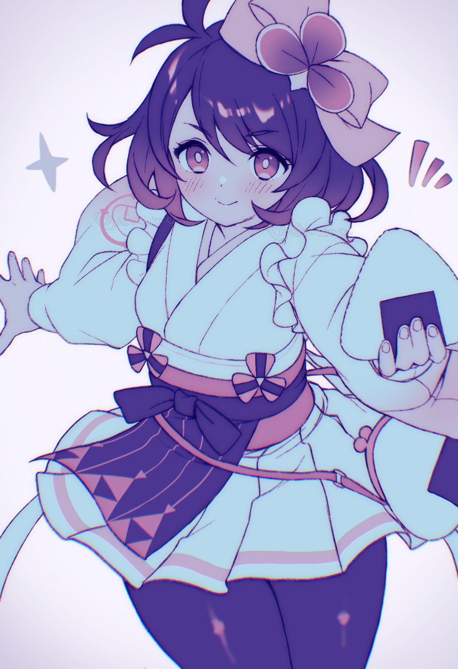 1girl dragalia_lost ekra food highres japanese_clothes looking_at_viewer mitsuba_(dragalia_lost) onigiri partially_colored short_hair simple_background smile solo thighs