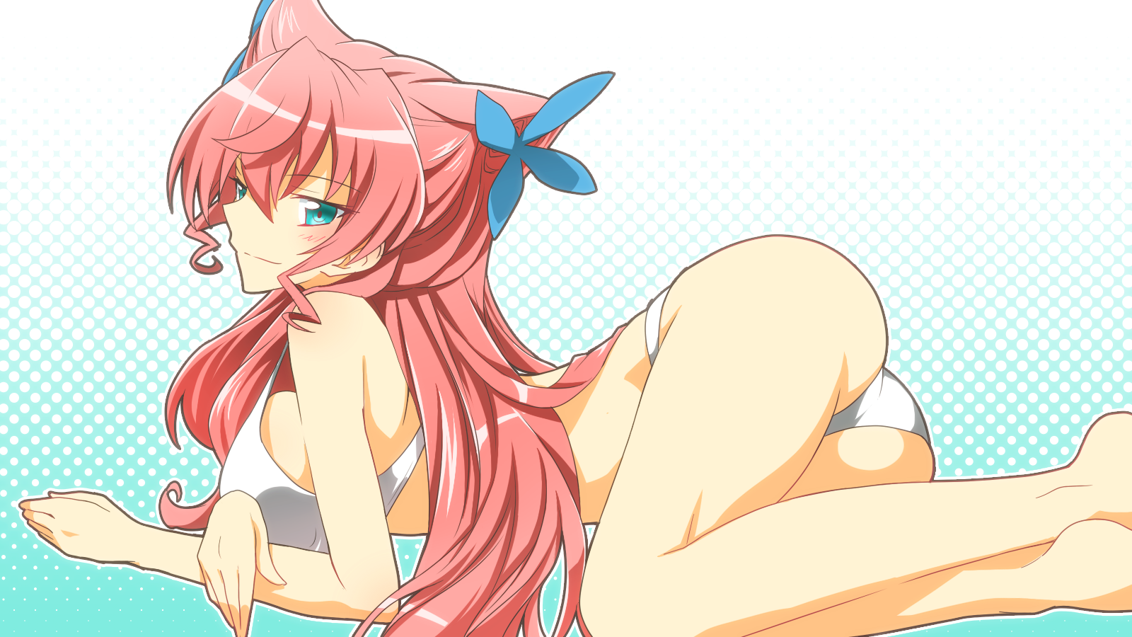 1girl ass bikini blue_eyes blush breasts hair_between_eyes hair_ornament highres large_breasts long_hair looking_at_viewer maria_cadenzavna_eve pink_hair senki_zesshou_symphogear sideboob smile solo swimsuit very_long_hair white_bikini yuto_(dialique)