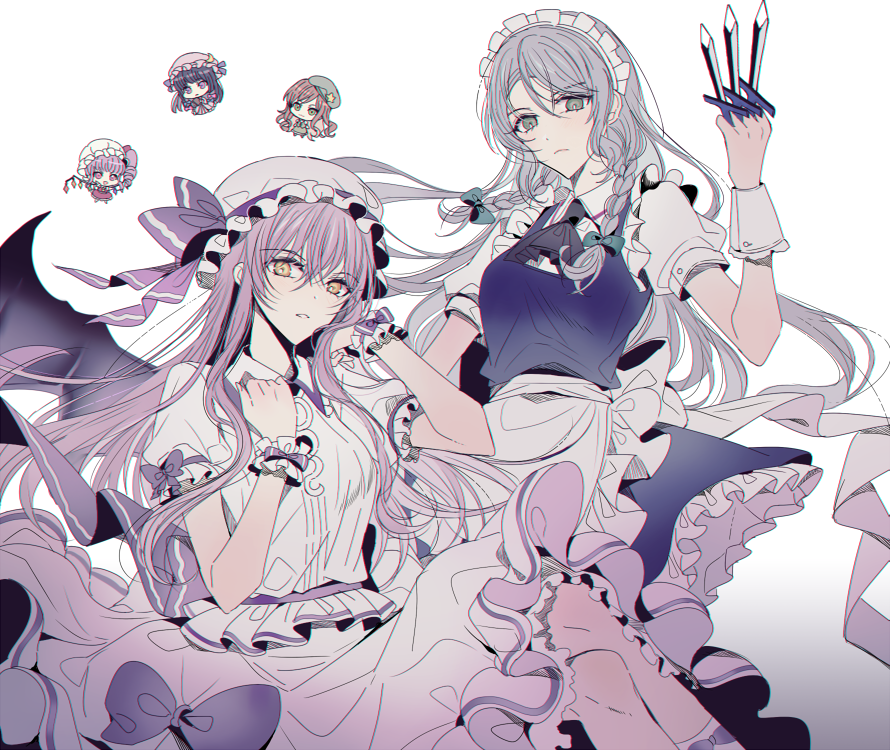 5girls apron aqua_bow ascot bang_dream! bat_wings beret between_fingers black_ascot blue_dress bow braid brown_hair chibi clenched_hand collared_shirt commentary_request cosplay crescent crescent_hair_ornament dress flandre_scarlet flandre_scarlet_(cosplay) frilled_apron frilled_cuffs frilled_dress frilled_hat frilled_sleeves frills frown green_eyes green_headwear grey_hair hair_bow hair_ornament hand_on_own_chest hand_on_own_shoulder hat hat_ornament hat_ribbon hikawa_sayo holding holding_knife hong_meiling hong_meiling_(cosplay) imai_lisa izayoi_sakuya izayoi_sakuya_(cosplay) knife looking_at_viewer maid maid_headdress minato_yukina mini_person minigirl mob_cap multiple_girls muted_color nennen parted_lips patchouli_knowledge patchouli_knowledge_(cosplay) pink_headwear purple_eyes purple_hair red_eyes remilia_scarlet remilia_scarlet_(cosplay) ribbon roselia_(bang_dream!) shirokane_rinko shirt short_sleeves side_braids side_ponytail simple_background skirt star_(symbol) star_hat_ornament touhou udagawa_ako white_apron white_background white_headwear white_shirt wings wrist_bow wrist_cuffs yellow_eyes