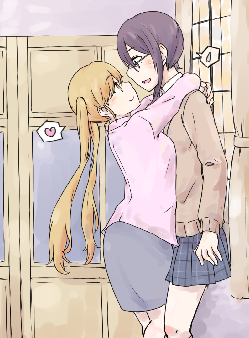 2girls a.kokonoka couple eye_contact hug leg_between_thighs looking_at_another multiple_girls okujou_no_yurirei-san school_uniform sonou_tsukuyo teacher teacher_and_student tsurugimine_kiri yuri