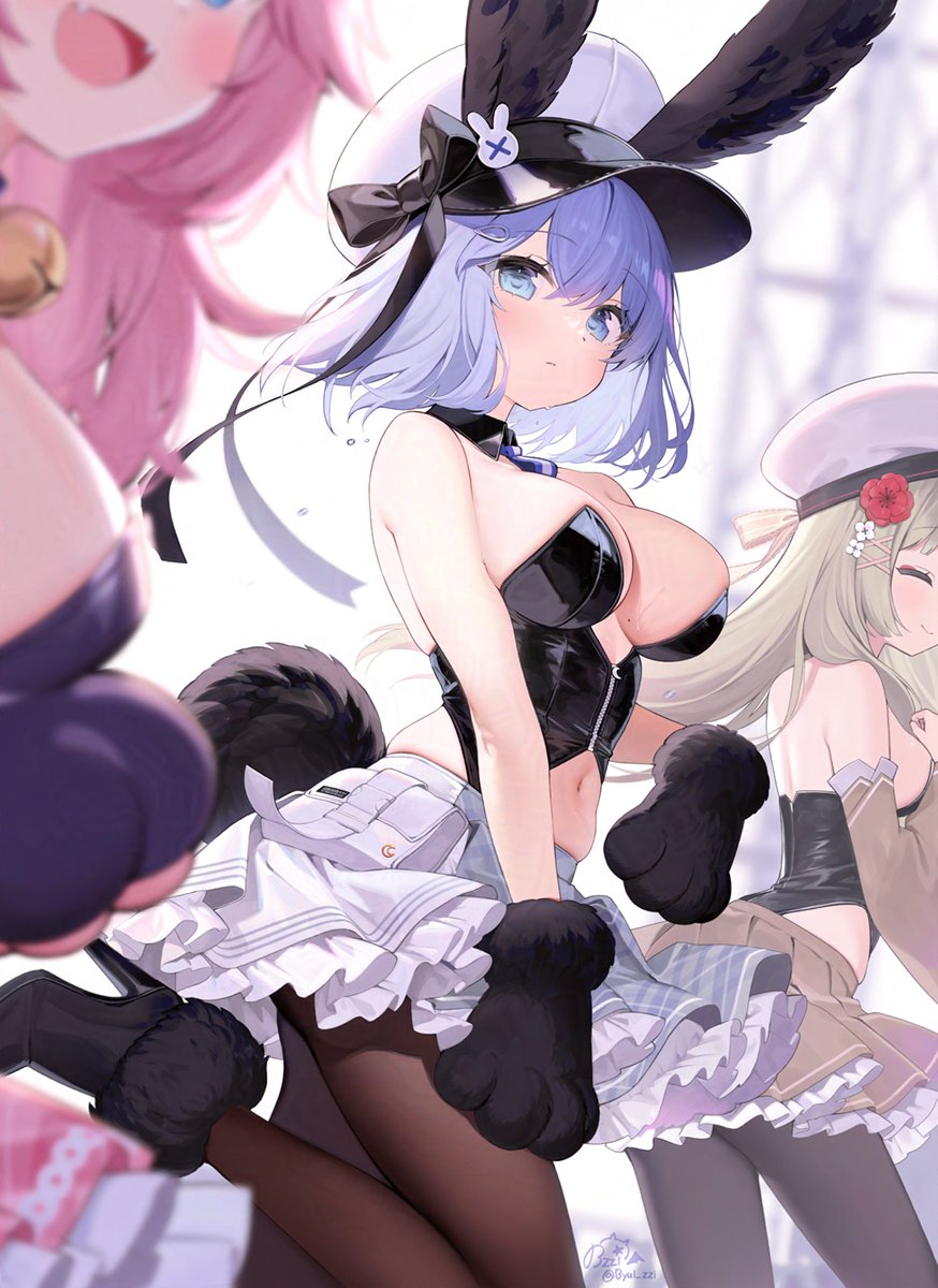 3girls animal_ears animal_hands bare_arms bare_shoulders black_footwear black_leotard blue_eyes breasts brown_pantyhose brown_skirt byulzzi center_opening character_request cleavage copyright_request detached_collar fang gloves hat high_heels highleg highleg_leotard highres large_breasts leg_up leotard looking_at_viewer miniskirt multiple_girls navel open_mouth pantyhose paw_gloves peaked_cap pink_hair short_hair skirt smile solo_focus stomach white_hair white_hat white_skirt zipper