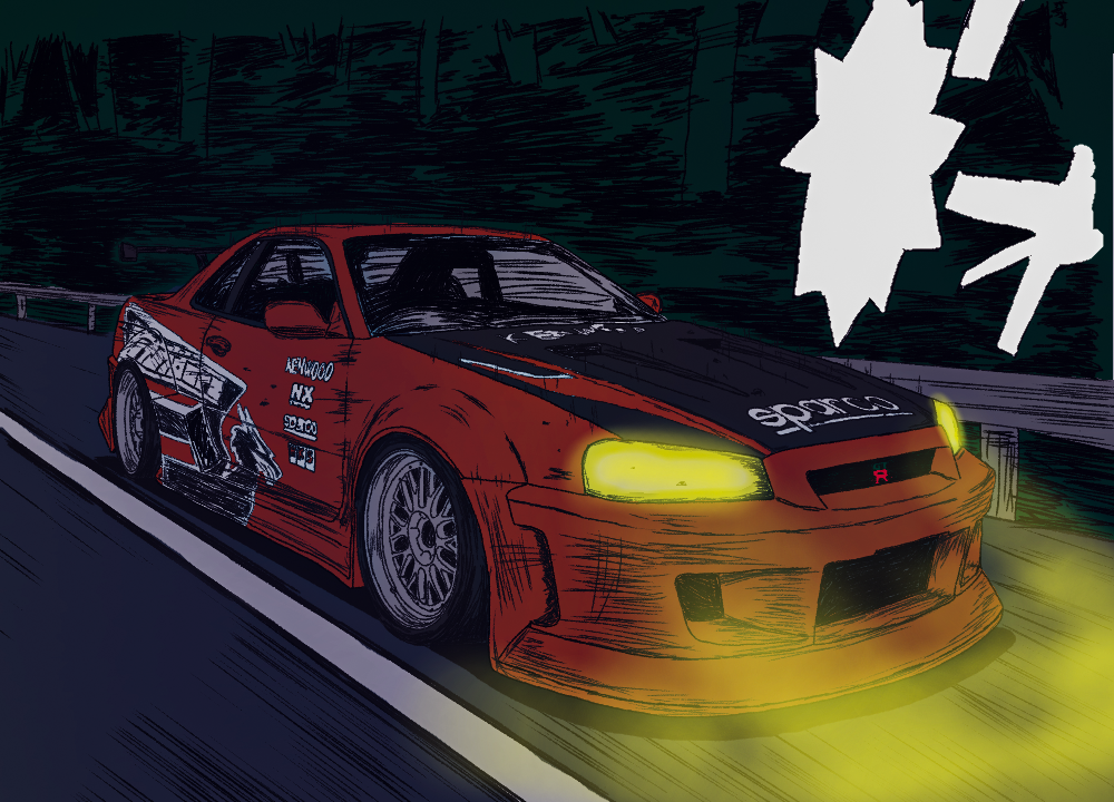 car glowing h4f1z-nfs hks initial_d motor_vehicle need_for_speed need_for_speed:_underground night nissan nissan_skyline nissan_skyline_gt-r nissan_skyline_r34 no_humans parody sparco sponsor style_parody vehicle_focus