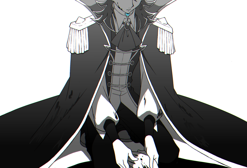 1boy ai_(yu-gi-oh!) black_cape black_hair black_pants black_vest black_wrist_cuffs blood blood_on_clothes blood_on_face blood_on_hands blue_gemstone bow bowtie cape dress_shirt earrings expressionless facing_viewer gem grey_bow grey_bowtie holding_hands humanization implied_murder invisible_chair jacket kneeling looking_at_another looking_down male_focus medium_hair military_uniform monochrome on_ground pants partially_colored popped_collar shirt sitting squatting teardrop_earrings untucked_shirt vest white_jacket white_shirt wrist_cuffs ysk_ksng yu-gi-oh! yu-gi-oh!_vrains