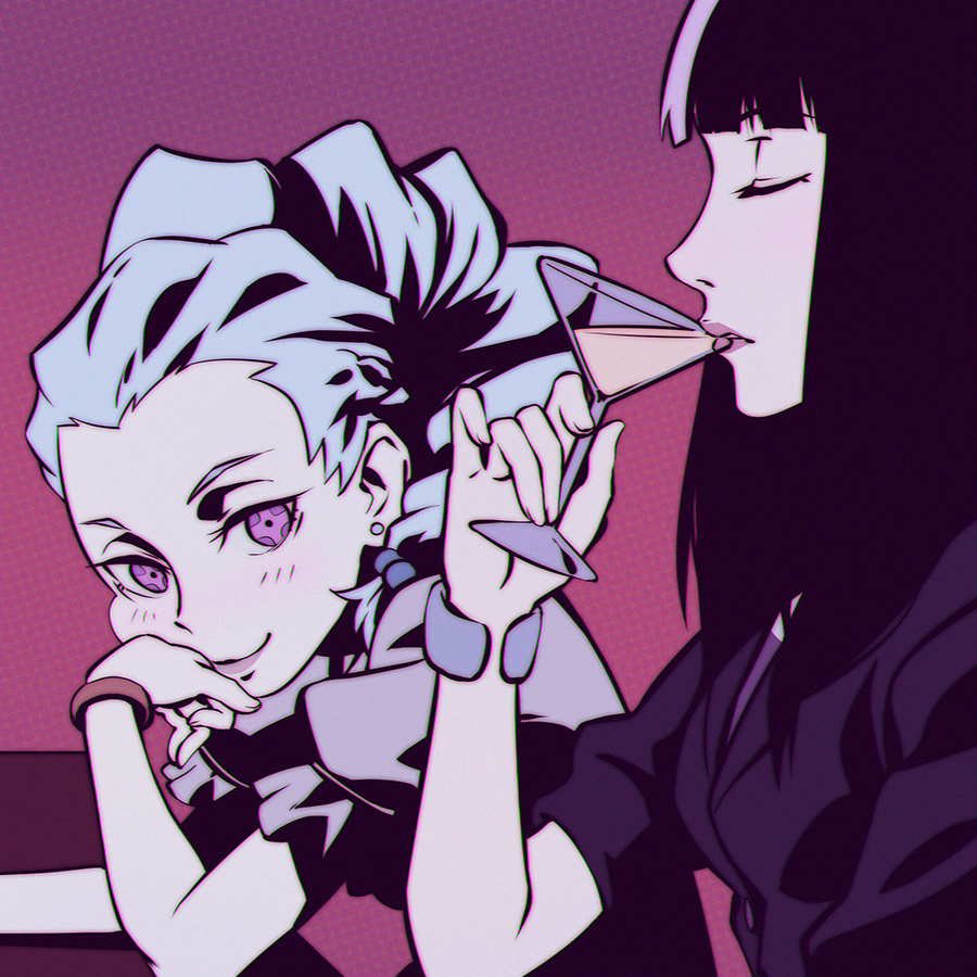 10s 2girls black_hair blue_hair blush bracelet chiyuki_(death_parade) chromatic_aberration closed_eyes cocktail_glass cup death_parade derivative_work drinking drinking_glass earrings ilya_kuvshinov jewelry kurokami_no_onna long_hair multiple_girls nona_(death_parade) pink_eyes