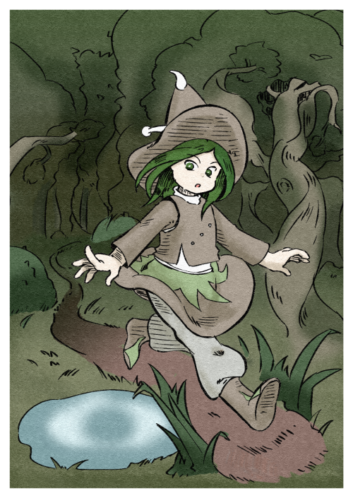 1other :o amanomori_shou androgynous antennae boots border bright_pupils brown_boots brown_hat brown_skirt brown_sleeves brown_vest chikafumikou circle_skirt commentary_request forest full_body grass green_eyes green_hair grey_pants hat len&#039;en long_sleeves looking_at_viewer medium_hair miniskirt nature other_focus outdoors pants parted_lips path puddle road running shirt skirt skirt_set solo turtleneck turtleneck_shirt vest white_border white_pupils white_shirt