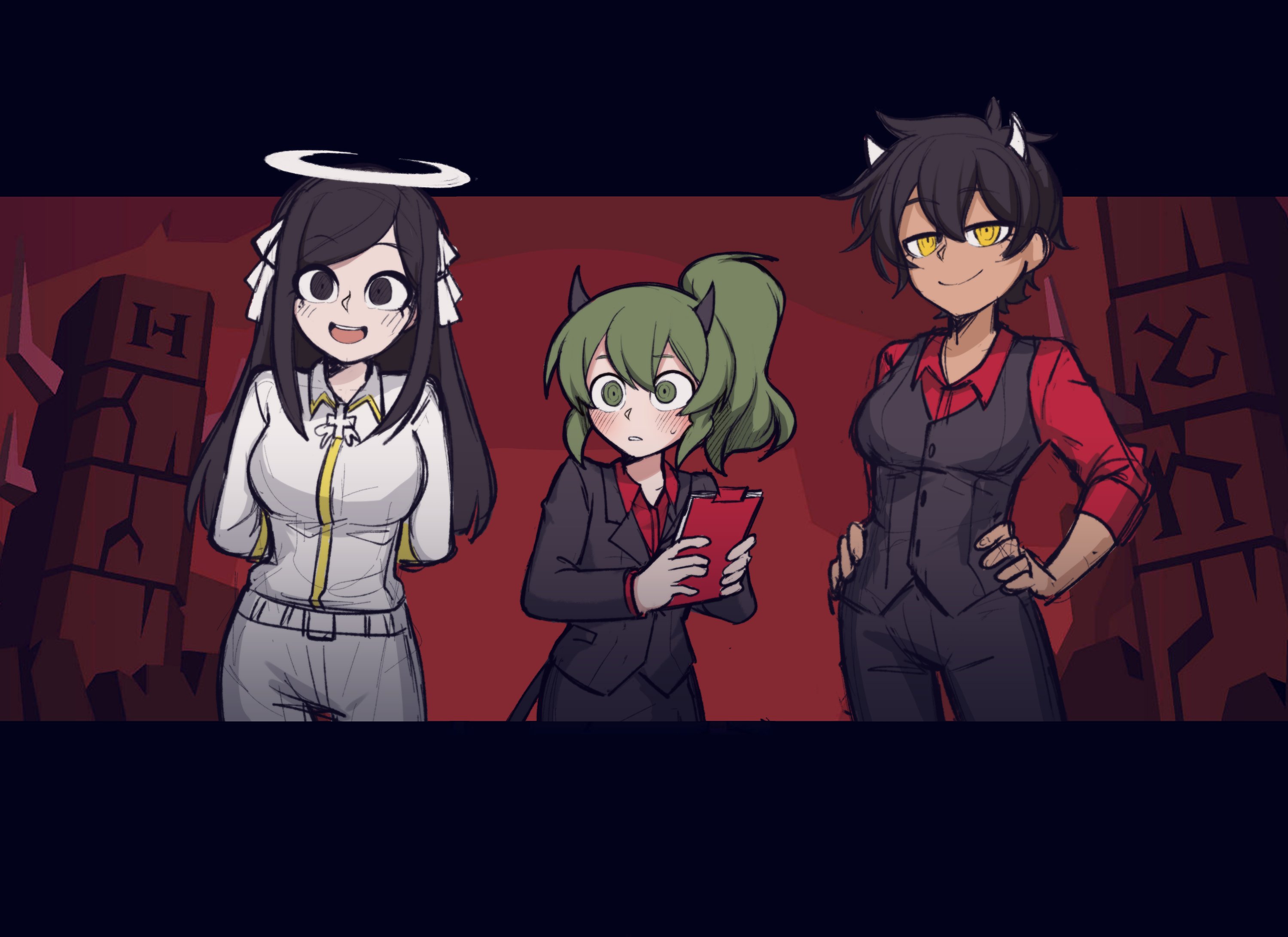 3girls angel black_eyes black_hair blush breasts commentary demon_girl demon_horns english_commentary green_eyes green_hair halo helltaker highres horns igarashi_futaba kurobe_natsumi large_breasts medium_hair multiple_girls office_lady panqlao ponytail red_shirt sakurai_touko senpai_ga_uzai_kouhai_no_hanashi shirt short_hair white_horns