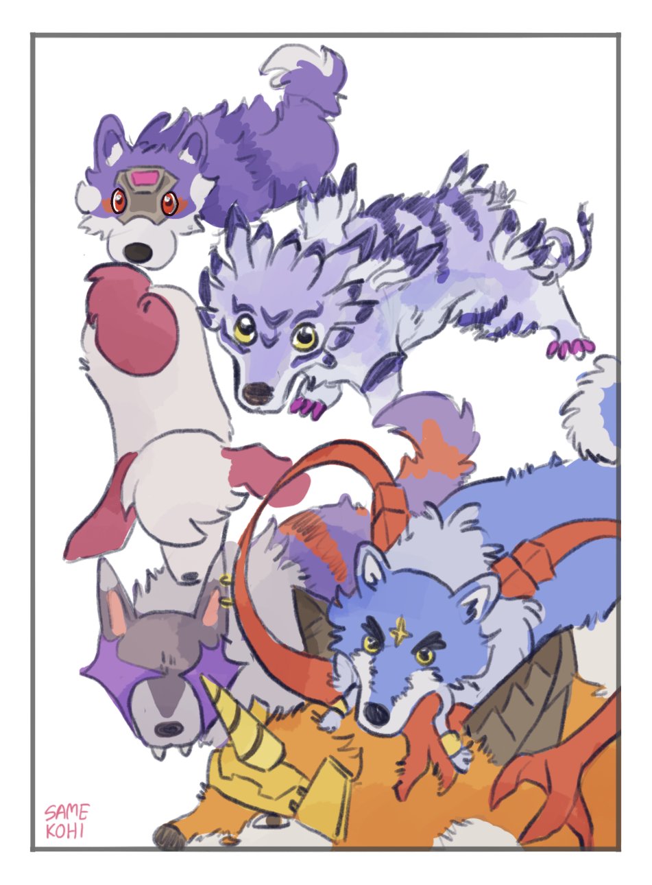 black_eyes digimon digimon_(creature) dorulumon gaogamon garurumon highres horns labramon loogamon looking_at_viewer meme sangloupmon yellow_eyes