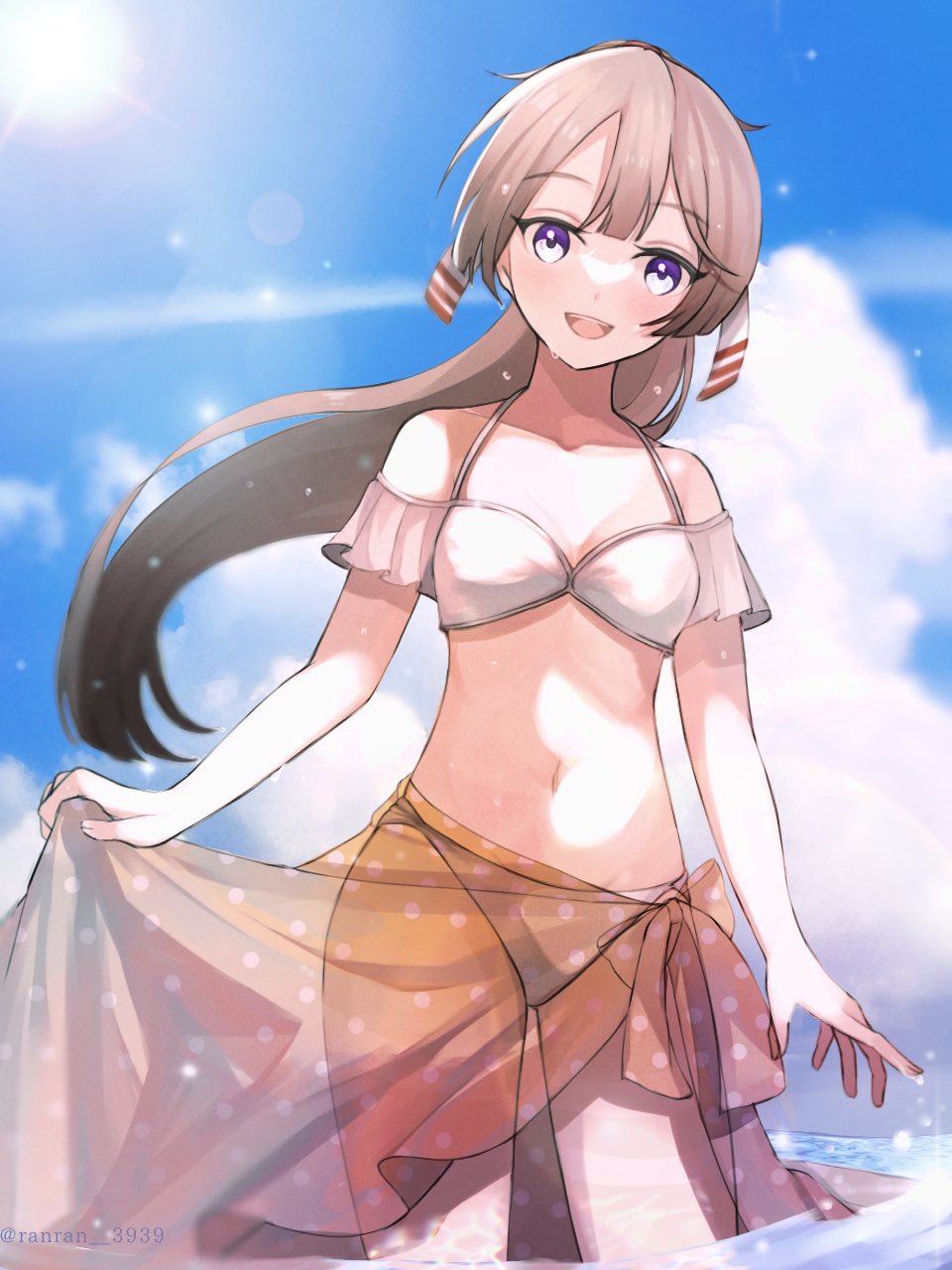 1girl :d bare_shoulders bikini brown_hair clothes_lift collarbone cowboy_shot grey_eyes hair_ribbon highres kantai_collection kazagumo_(kancolle) kazagumo_kai_ni_(kancolle) kazagumo_kai_ni_(swimsuit)_(kancolle) lifting_own_clothes long_hair looking_at_viewer open_mouth partially_submerged ponytail ranran_3939 ribbon sarong sarong_lift smile solo swimsuit twitter_username white_bikini