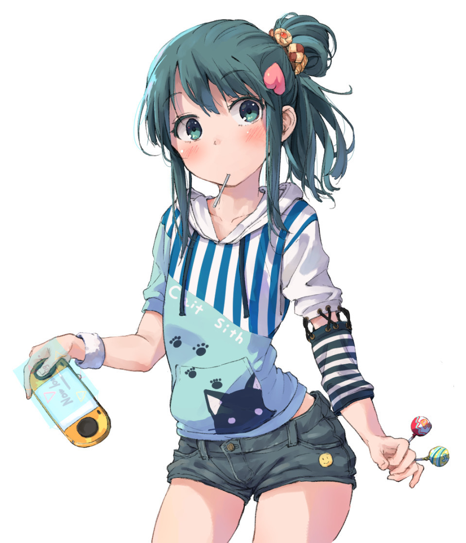 1girl animal_print aqua_eyes aqua_hair badge blush button_badge candy cat_print checkerboard_cookie_hair_ornament collarbone cookie_hair_ornament cowboy_shot detached_sleeves food food-themed_hair_ornament food_in_mouth hair_bun hair_ornament handheld_game_console holding holding_candy holding_food holding_handheld_game_console holding_lollipop hood hoodie lollipop mouth_hold peach_hair_ornament ponytail print_hoodie ryuunosuke_(luckyneco) serizawa_momoka short_shorts short_sleeves shorts sidelocks solo striped_clothes striped_hoodie striped_sleeves sweatband tokyo_7th_sisters vertical_stripes