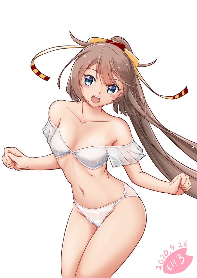 1girl artist_logo bikini breasts brown_hair collarbone commentary_request cowboy_shot dated facing_viewer grey_eyes hair_ribbon kantai_collection kazagumo_(kancolle) kazagumo_kai_ni_(kancolle) kazagumo_kai_ni_(swimsuit)_(kancolle) logo long_hair looking_to_the_side moke_ro open_mouth ponytail ribbon round_teeth simple_background small_breasts solo standing swimsuit teeth upper_teeth_only white_background white_bikini