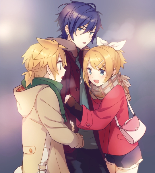 1girl 2boys akiyoshi_(tama-pete) bag bisexual_male blonde_hair blue_eyes blue_hair breath brown_scarf green_scarf holding_another&#039;s_arm jacket kagamine_len kagamine_rin kaito_(vocaloid) multiple_boys plaid_clothes plaid_scarf polyamory red_jacket scarf shorts shoulder_bag vocaloid
