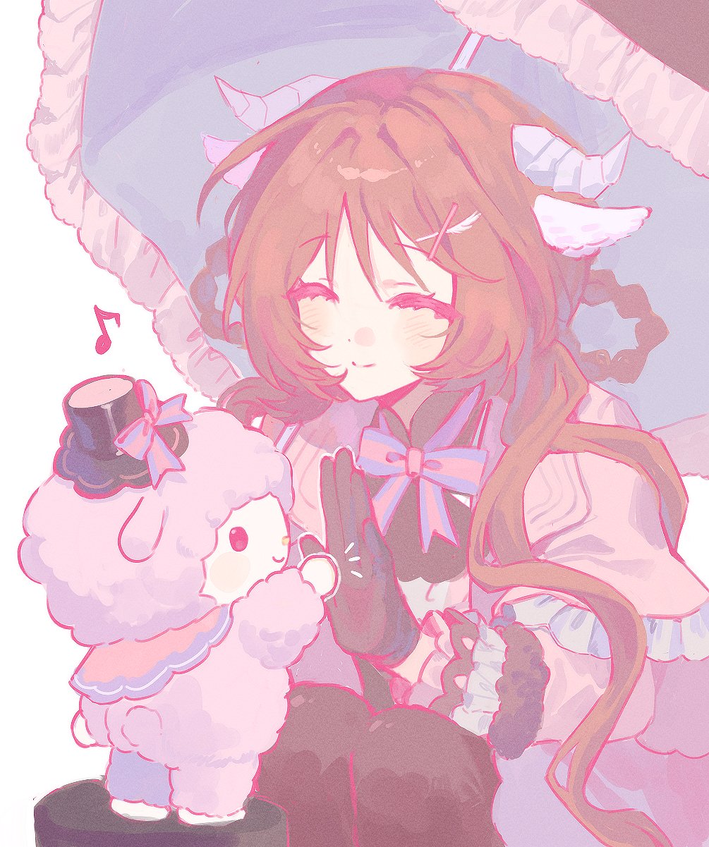 1girl ^_^ animal_ears arknights black_gloves black_pantyhose blush bow bowtie brown_hair closed_eyes closed_mouth creature eighth_note eyjafjalla_(arknights) eyjafjalla_(fluffy_little_witch)_(arknights) frilled_jacket frilled_sleeves frills gloves hat highres horns jacket long_hair long_sleeves mini_hat mini_top_hat musical_note my_sweet_piano om0mg onegai_my_melody pantyhose parasol pink_bow pink_bowtie purple_bow purple_bowtie sanrio sheep_ears sheep_girl sheep_horns smile solo split_mouth top_hat two-tone_bow two-tone_bowtie umbrella white_jacket