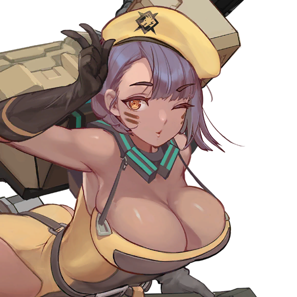 1girl arched_back arm_up armpits ass bare_shoulders beret black_gloves blunt_bangs breasts cleavage dark-skinned_female dark_skin eyebrows_hidden_by_hair eyelashes facepaint facial_mark female_focus game_cg gloves hair_behind_ear hat large_breasts last_origin leaning_forward leotard looking_at_viewer machinery medium_hair official_art one_eye_closed parted_lips purple_hair quick_camel rorobomb skindentation sleeveless leotard swept_bangs tight_clothes transparent_background upper_body v wink yellow_eyes