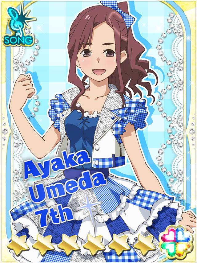1girl :d akb0048 blue_bow blue_dress bow brown_eyes brown_hair card_(medium) character_name clenched_hand collarbone cowboy_shot dress frilled_dress frills gingham_background gingham_bow gingham_dress hair_bow hand_up heart high_ponytail idol_clothes jacket long_hair looking_at_viewer non-circular_lens_flare non-web_source official_art open_clothes open_jacket open_mouth ponytail sleeveless sleeveless_jacket smile solo sparkle standing star_(symbol) treble_clef umeda_ayaka_(akb0048)