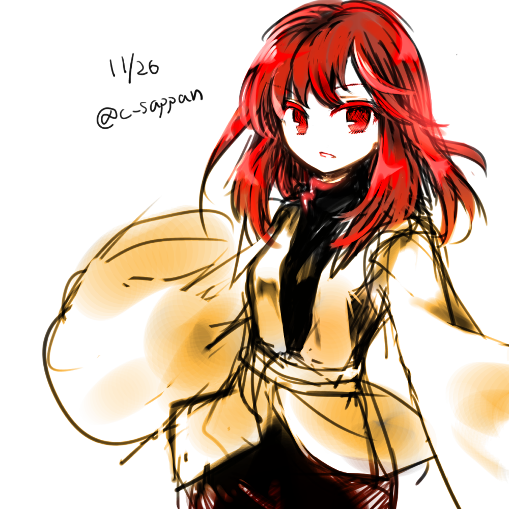 1girl anmita_(rarutos) black_pants black_sweater breasts colored_eyelashes cowboy_shot dated genderswap genderswap_(otf) jacket len&#039;en long_hair long_sleeves no_nose ooya_kunimitsu pants parted_lips red_eyes red_hair simple_background sketch sleeves_past_fingers sleeves_past_wrists small_breasts sweater turtleneck turtleneck_sweater white_background yellow_jacket