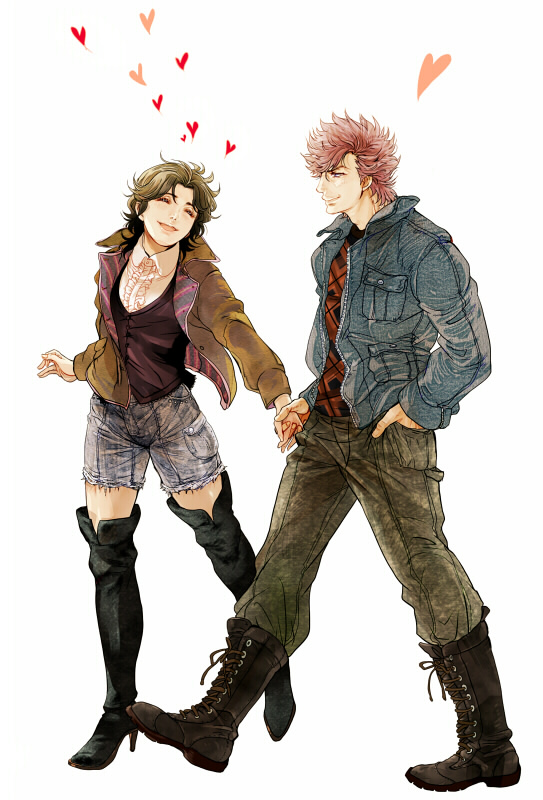 1boy 1girl bat_(hokuto_no_ken) boots brown_hair closed_mouth commentary_request denim closed_eyes high_heel_boots high_heels hokuto_no_ken jeans jobo_(isi88) lin_(hokuto_no_ken) pants short_hair shorts simple_background smile white_background